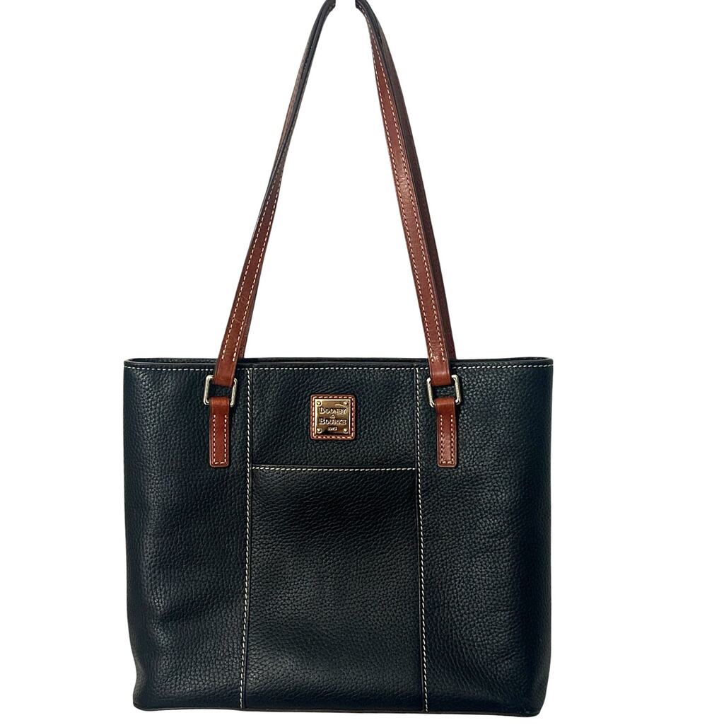 Dooney & Bourke Black Lexington Shopper Pebbled Leather Brown Trim Bag Purse